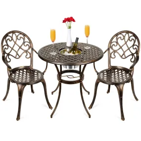 Cast Aluminum Patio Bistro Set w/ Ice Bucket, Chairs, Copper Finish
