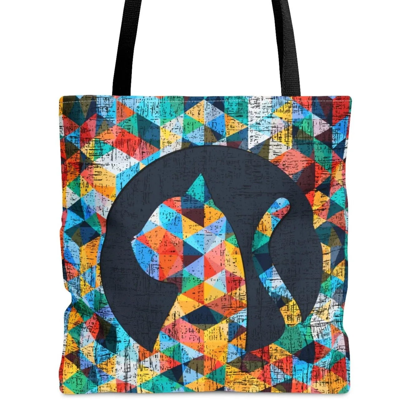 Cat Silhouette on Bright Geometric Background Large Tote Bag - Stylish Feline-Inspired Accessory