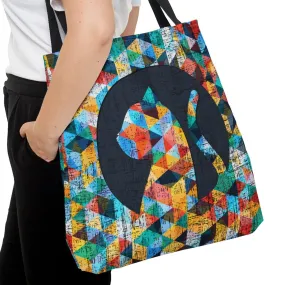 Cat Silhouette on Bright Geometric Background Large Tote Bag - Stylish Feline-Inspired Accessory