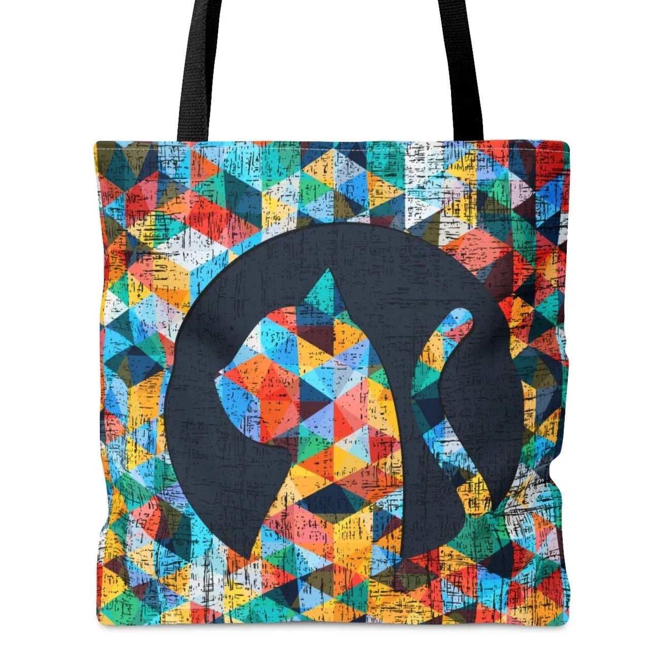 Cat Silhouette on Bright Geometric Background Large Tote Bag - Stylish Feline-Inspired Accessory