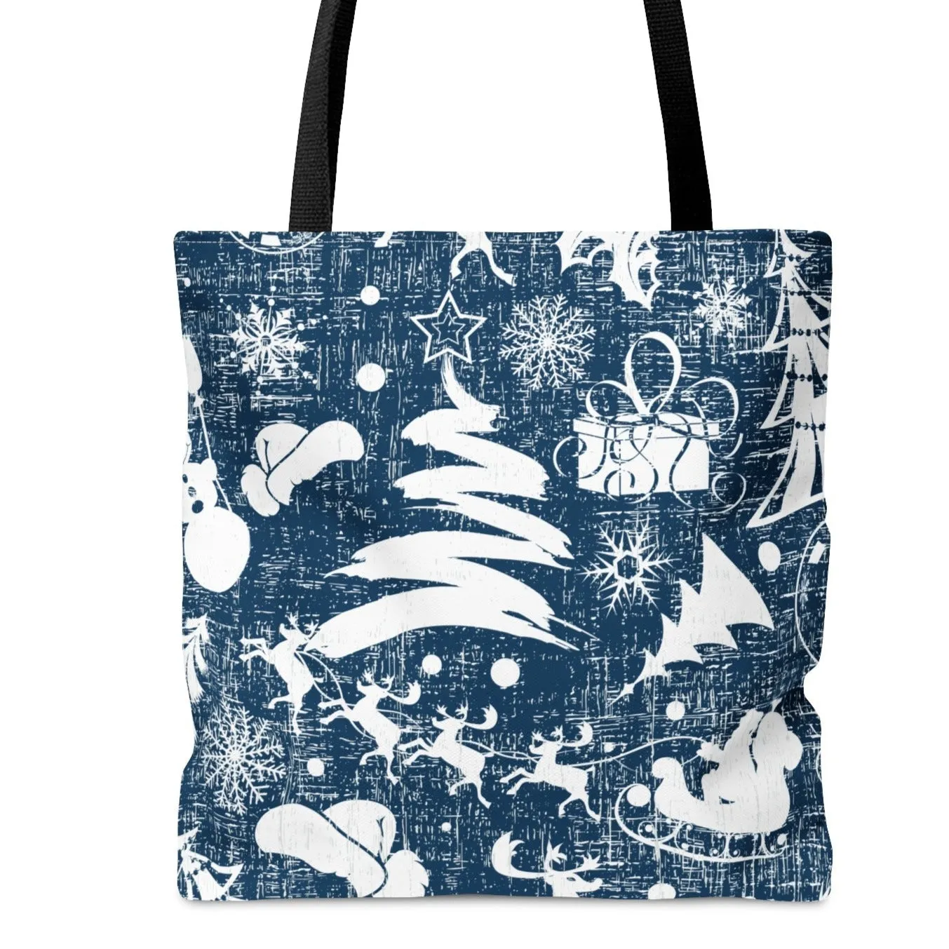 Charming White Christmas Images on Blue Large Tote Bag: Festive Holiday Design
