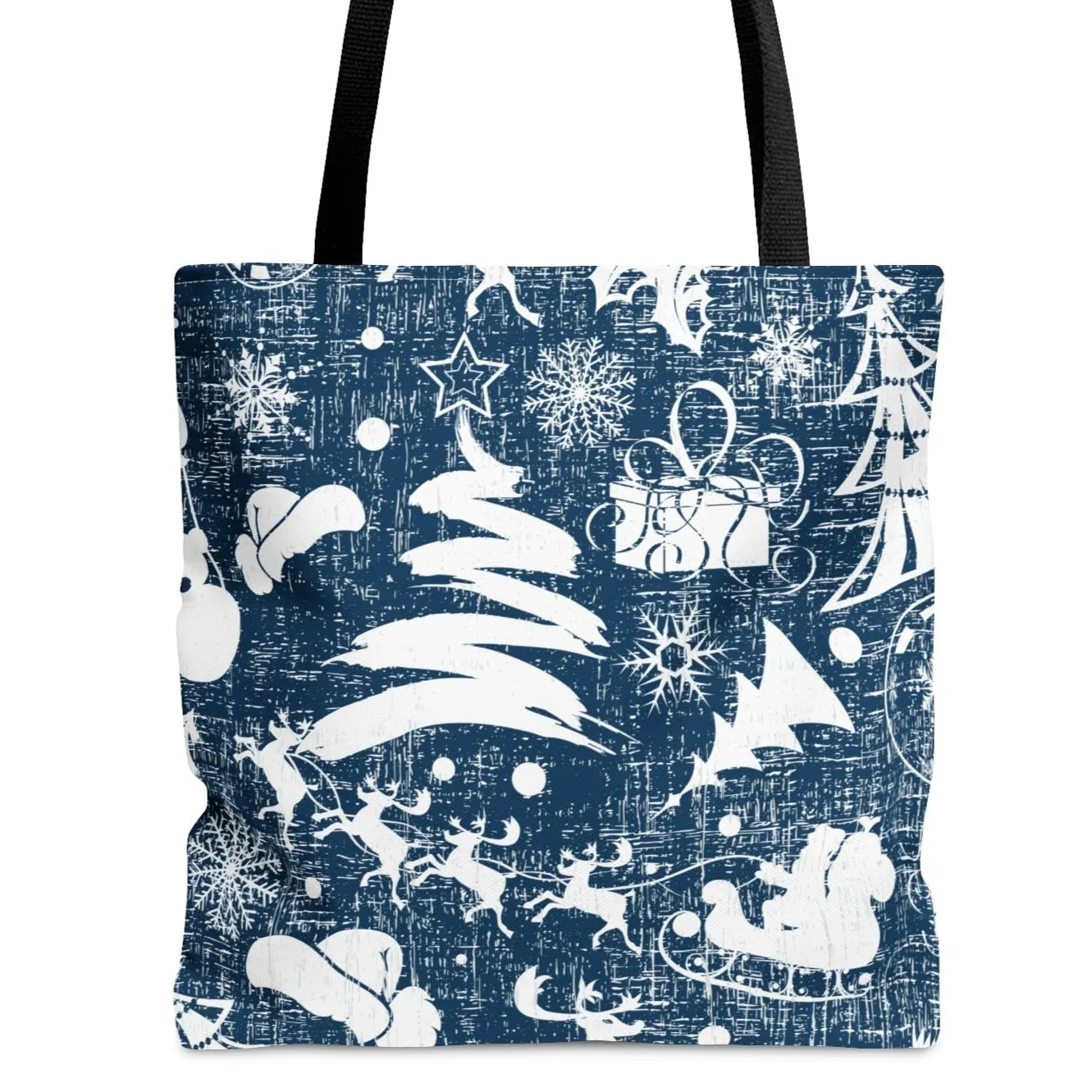 Charming White Christmas Images on Blue Large Tote Bag: Festive Holiday Design