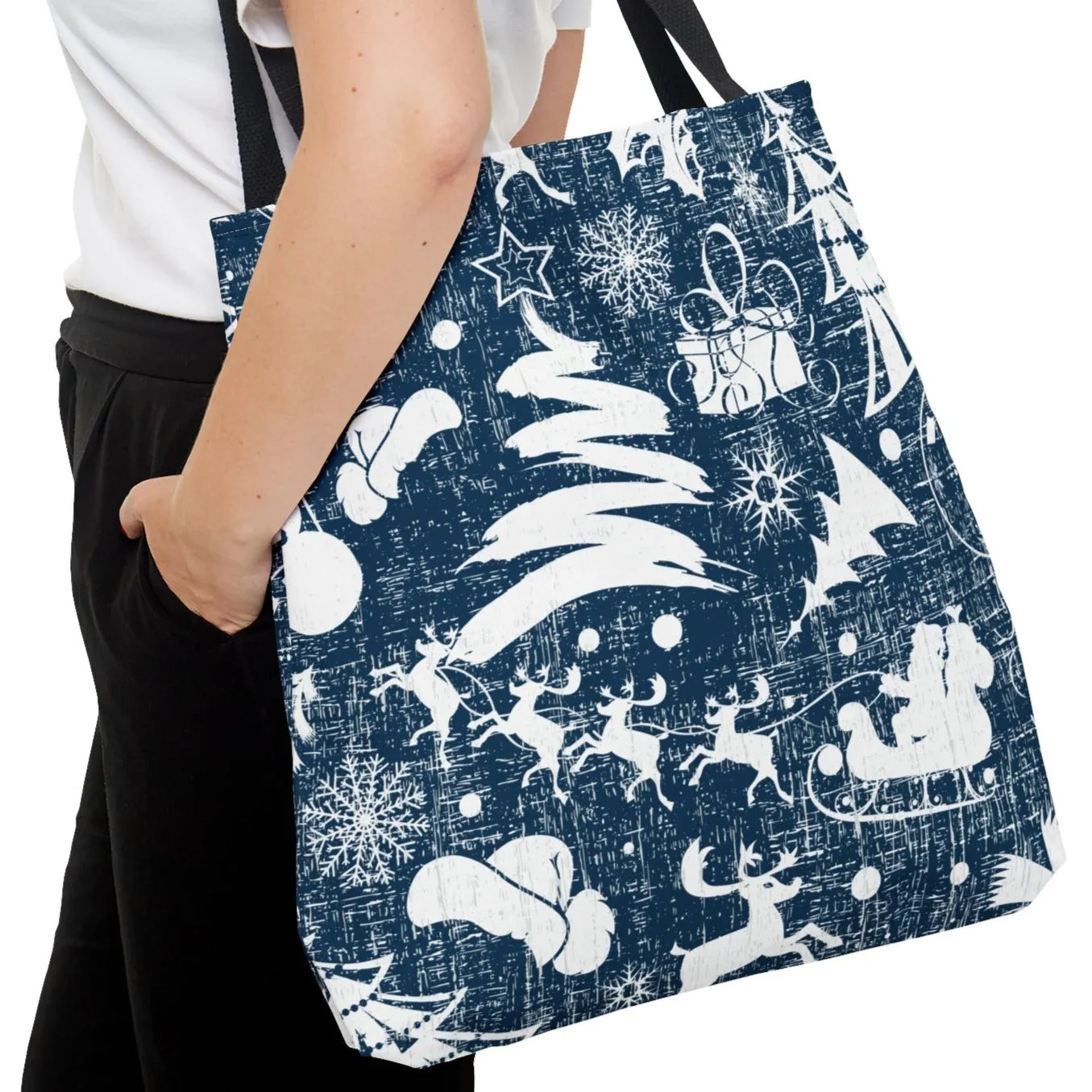 Charming White Christmas Images on Blue Large Tote Bag: Festive Holiday Design