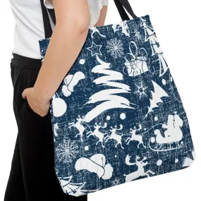 Charming White Christmas Images on Blue Large Tote Bag: Festive Holiday Design