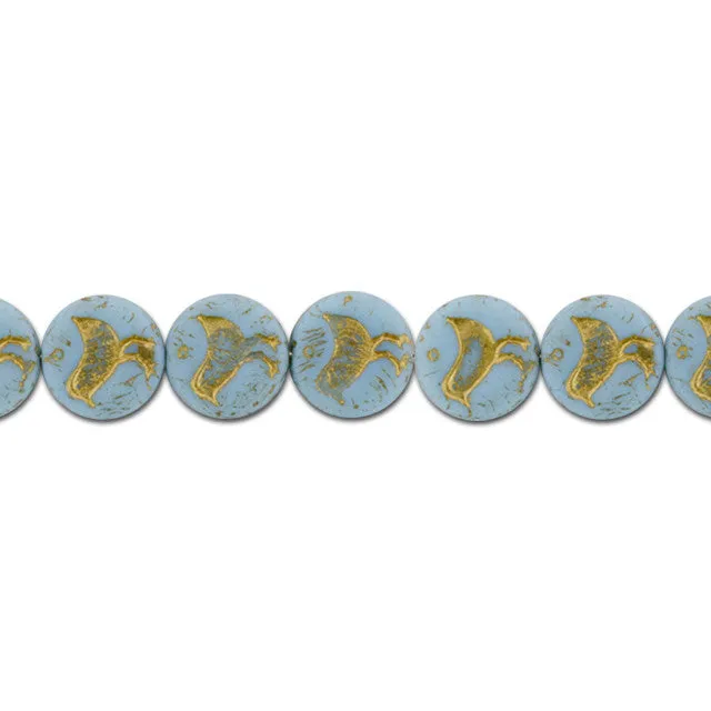 Czech Glass 12mm Blue Turquoise Opaque with Gold Wash Bird Coin Bead Strand by Raven's Journey
