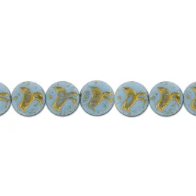 Czech Glass 12mm Blue Turquoise Opaque with Gold Wash Bird Coin Bead Strand by Raven's Journey