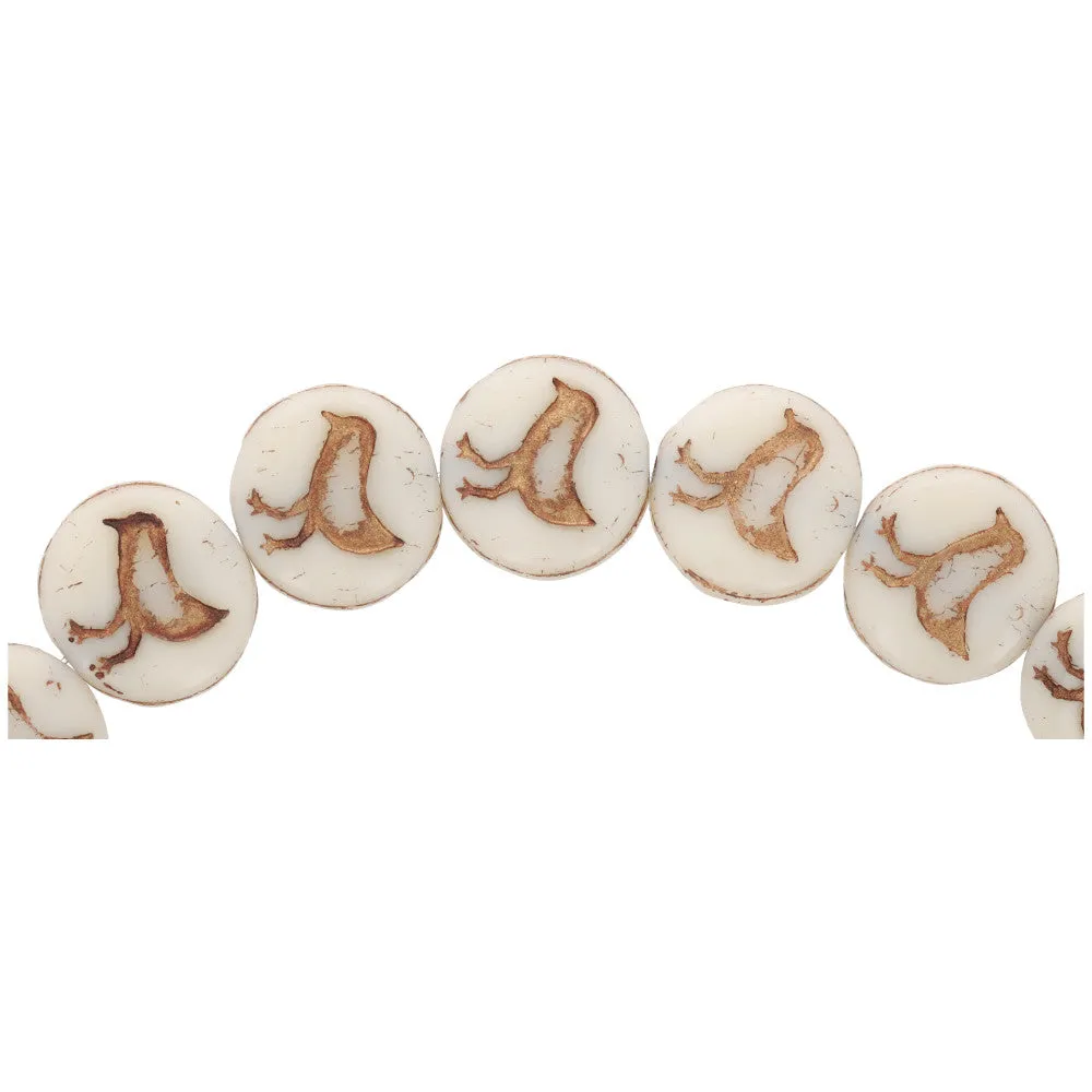 Czech Glass 12mm Ivory Opaque with Dark Bronze Wash Coin with Bird Bead Strand by Raven's Journey