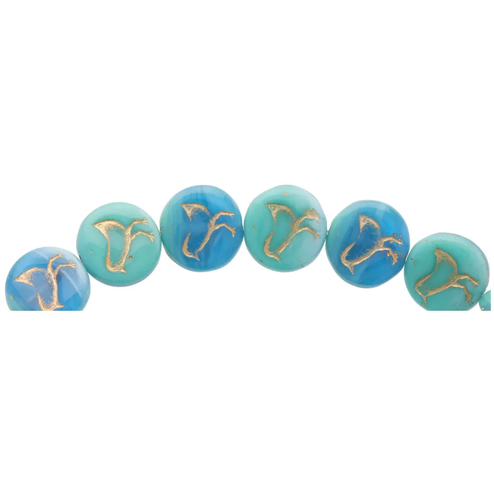 Czech Glass 12mm Turquoise, Aqua, and Cream Opaque Mix with Gold Wash Coin with Bird Bead Strand by Raven's Journey