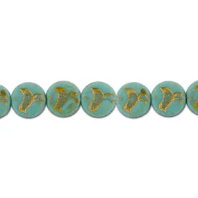 Czech Glass 12mm Turquoise Opaque with Gold Wash Bird Coin Bead Strand by Raven's Journey