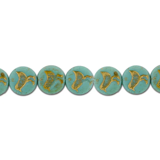 Czech Glass 12mm Turquoise Opaque with Gold Wash Bird Coin Bead Strand by Raven's Journey