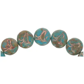 Czech Glass 12mm Turquoise Opaque with Picasso Finish and Copper Wash Coin with Bird Bead Strand by Raven's Journey