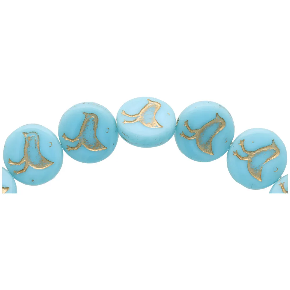 Czech Glass 12mm Turquoise Sky Blue Opaque with Gold Wash Coin with Bird Bead Strand by Raven's Journey