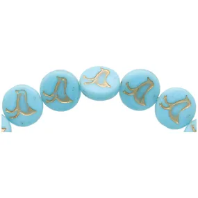 Czech Glass 12mm Turquoise Sky Blue Opaque with Gold Wash Coin with Bird Bead Strand by Raven's Journey