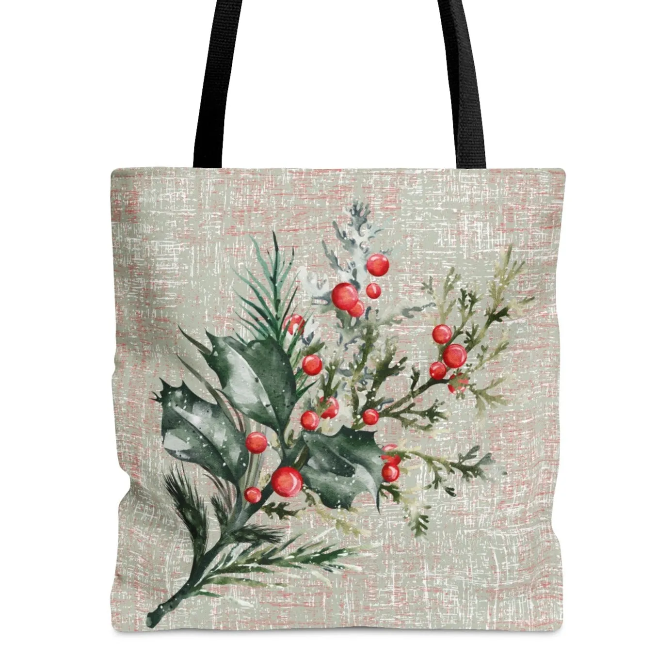 Holly Branch on Elegant Grey Large Tote Bag: Festive Botanical Carryall