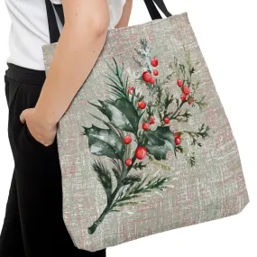Holly Branch on Elegant Grey Large Tote Bag: Festive Botanical Carryall