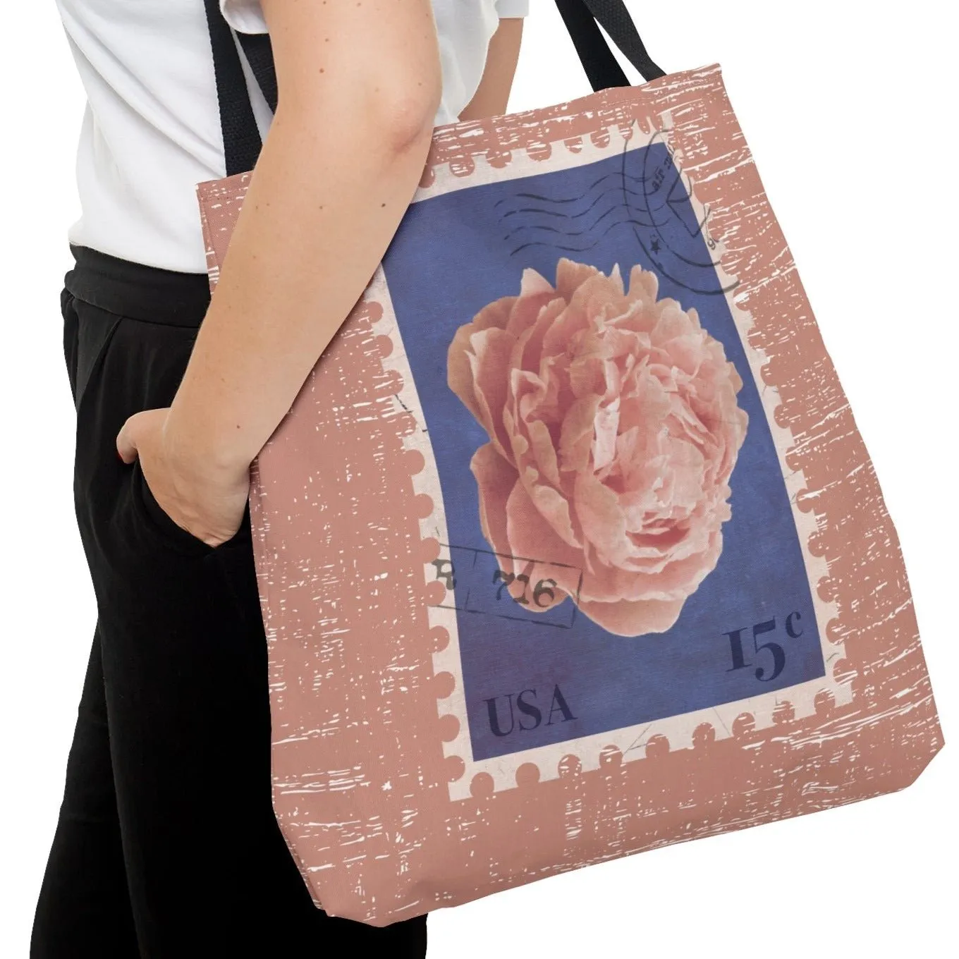 Rose-Colored Flower Stamp Large Tote Bag - Elegant Floral Design