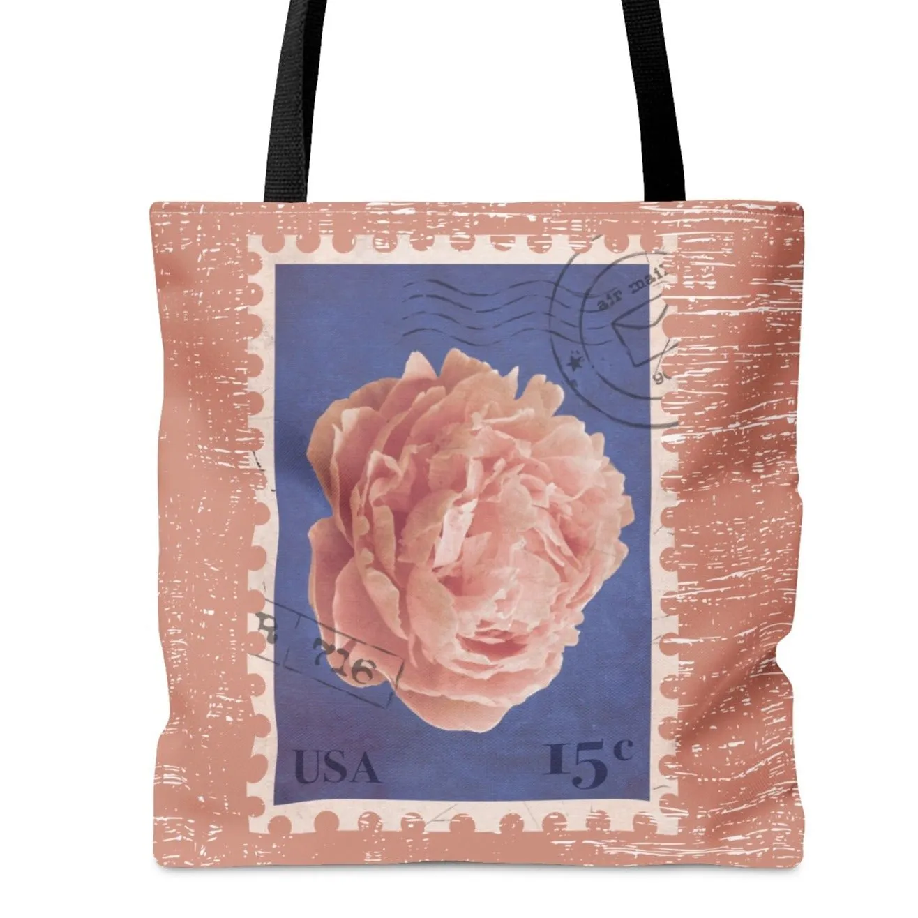Rose-Colored Flower Stamp Large Tote Bag - Elegant Floral Design