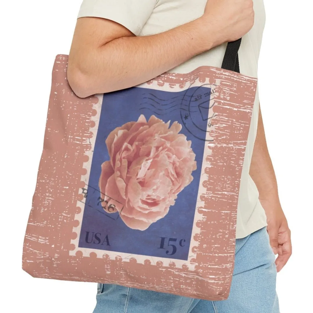 Rose-Colored Flower Stamp Large Tote Bag - Elegant Floral Design