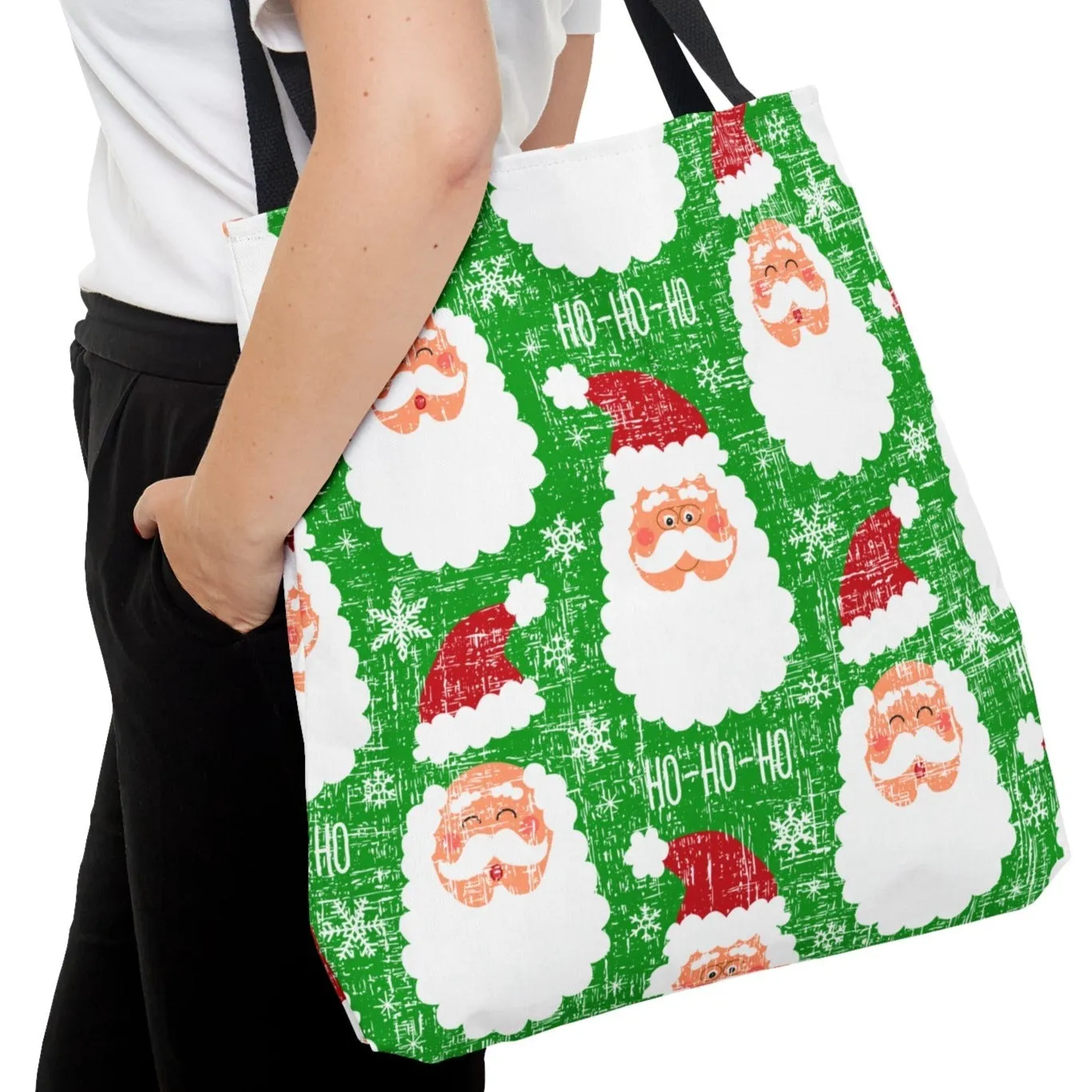 Santa Pattern on Christmas Green Large Tote Bag: Festive Holiday Carryall