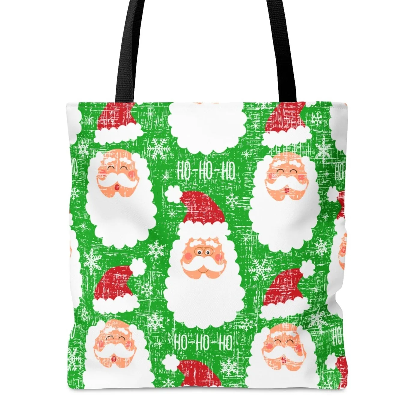 Santa Pattern on Christmas Green Large Tote Bag: Festive Holiday Carryall