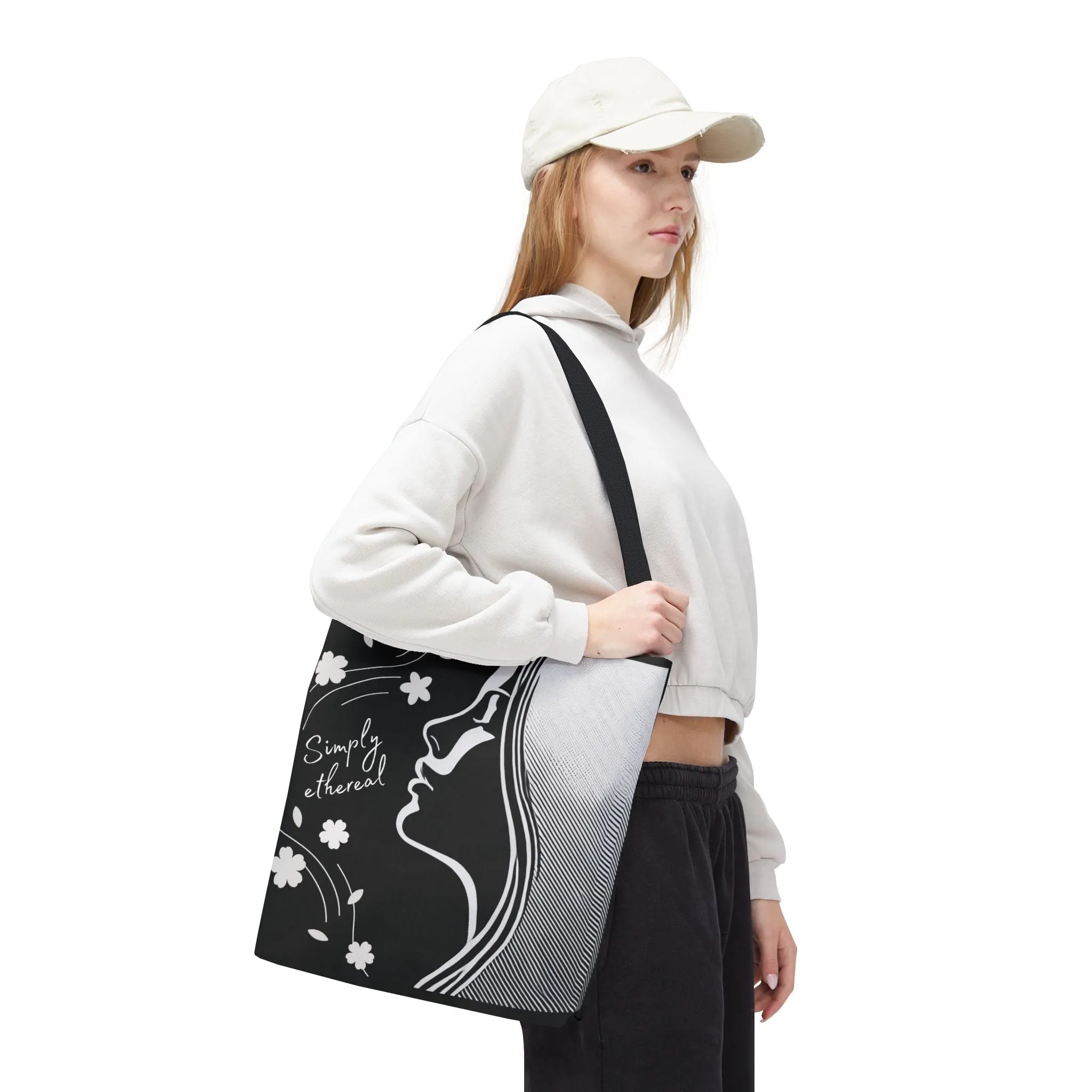 Simply Ethereal Black Tote Bag - Elegant Floral & Woman’s Silhouette, Artistic Aesthetic Canvas Bag for Work, Shopping, Casual Outings & Everyday Use