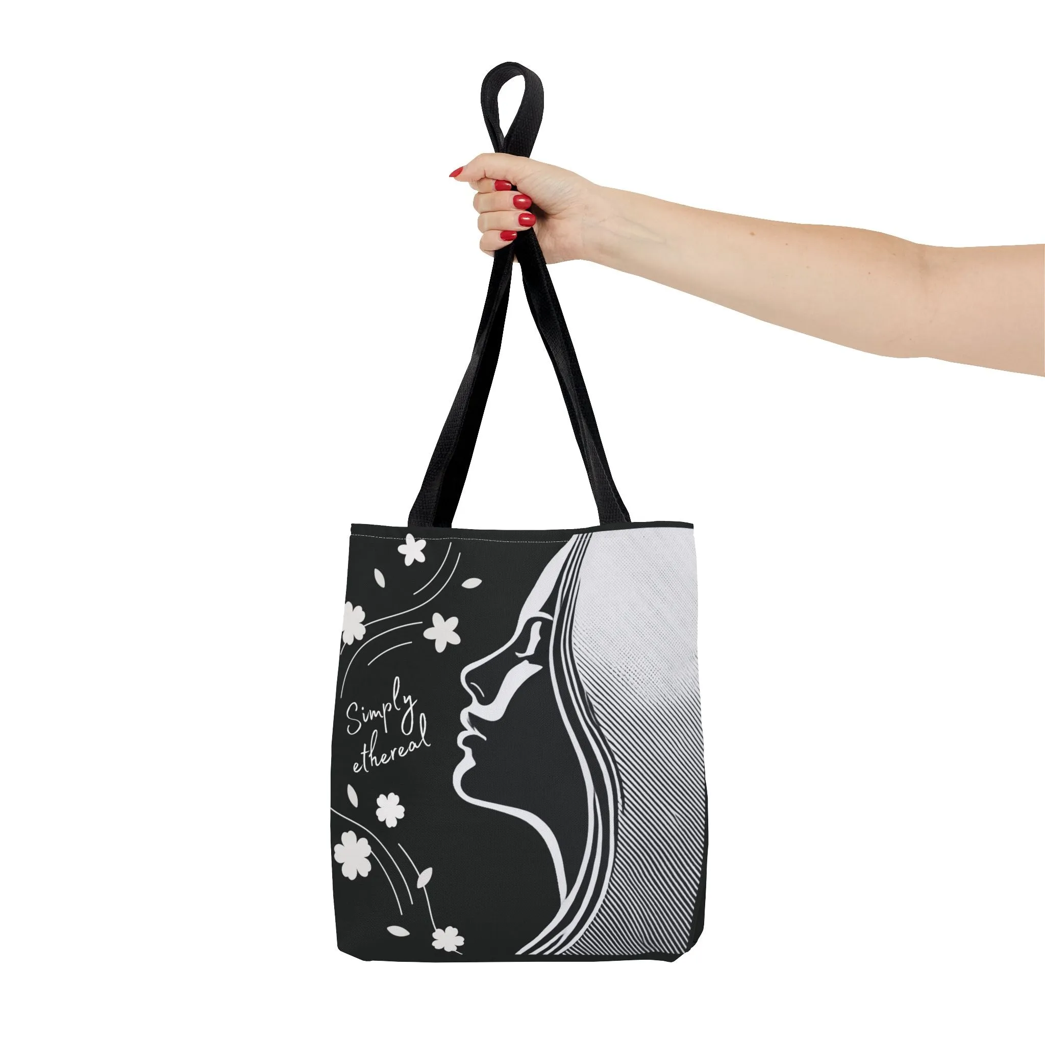 Simply Ethereal Black Tote Bag - Elegant Floral & Woman’s Silhouette, Artistic Aesthetic Canvas Bag for Work, Shopping, Casual Outings & Everyday Use
