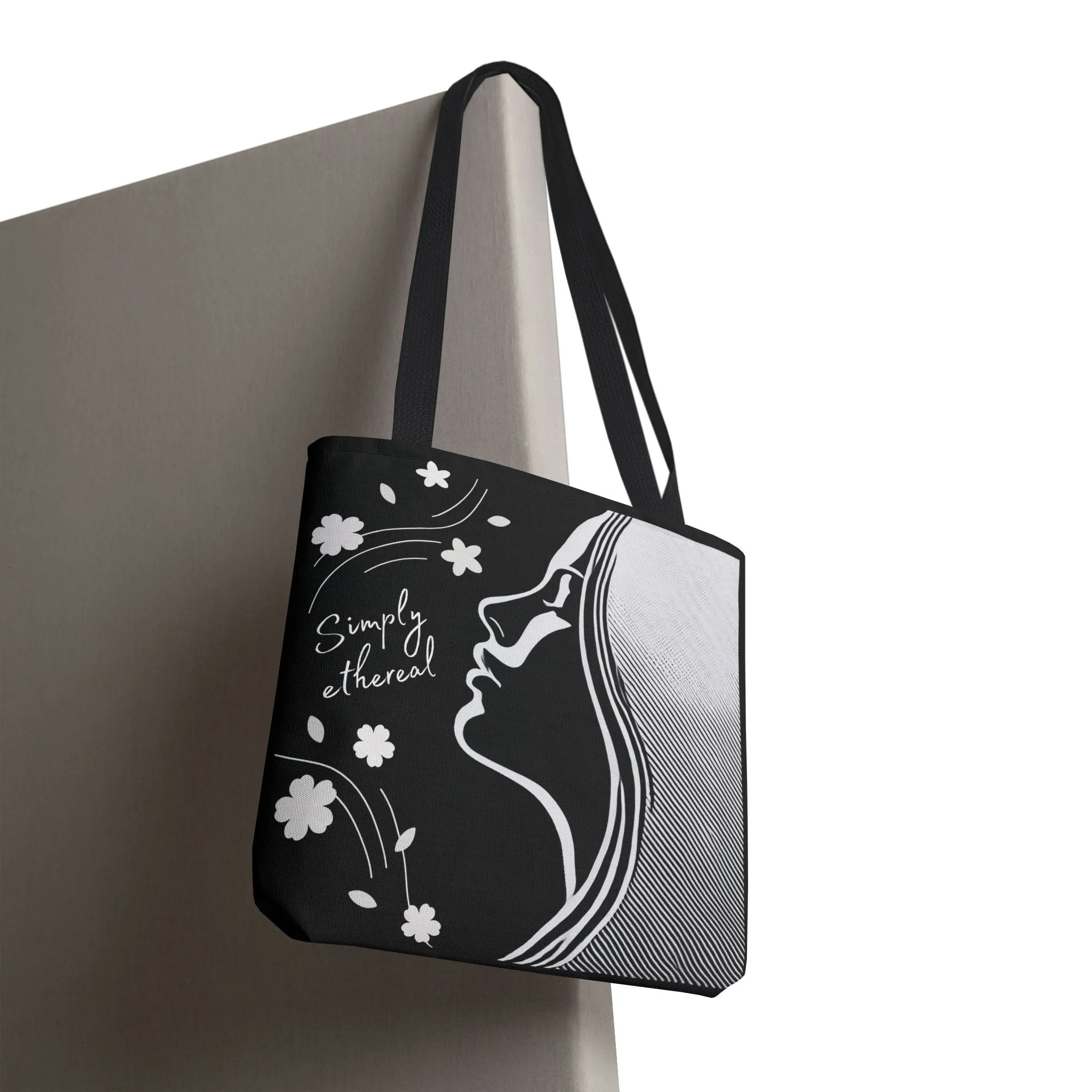 Simply Ethereal Black Tote Bag - Elegant Floral & Woman’s Silhouette, Artistic Aesthetic Canvas Bag for Work, Shopping, Casual Outings & Everyday Use