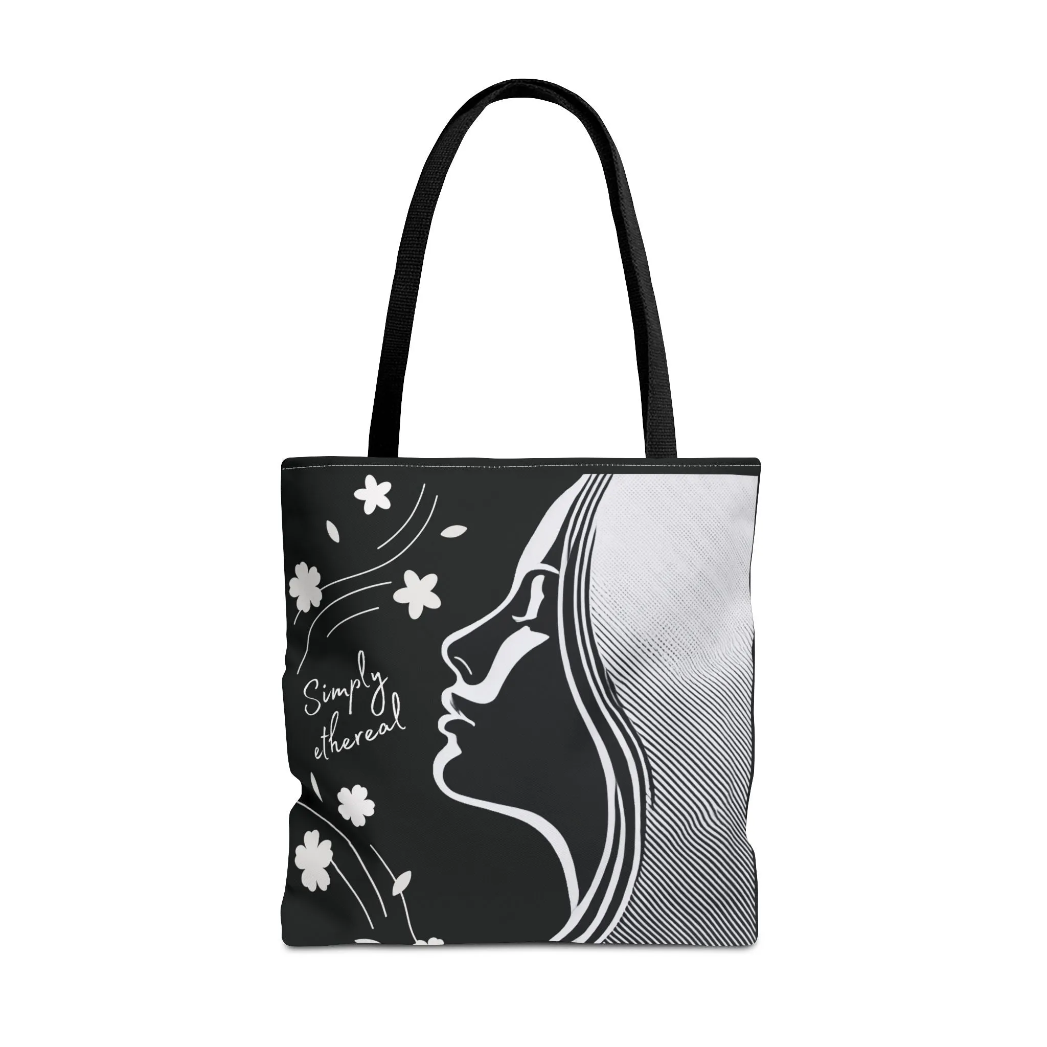 Simply Ethereal Black Tote Bag - Elegant Floral & Woman’s Silhouette, Artistic Aesthetic Canvas Bag for Work, Shopping, Casual Outings & Everyday Use