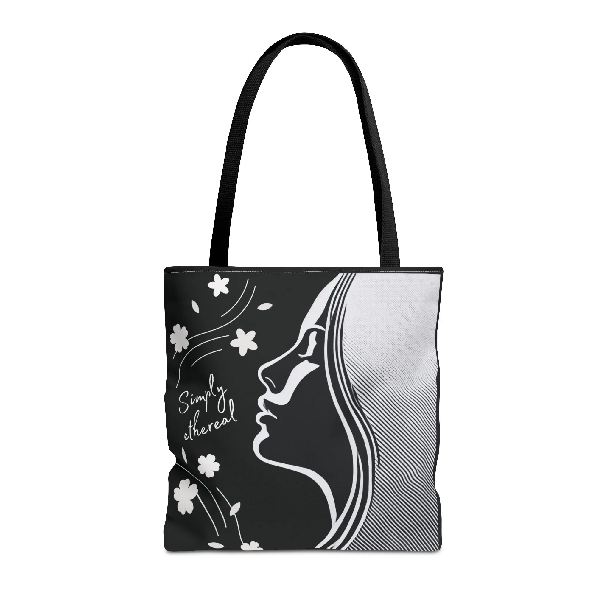 Simply Ethereal Black Tote Bag - Elegant Floral & Woman’s Silhouette, Artistic Aesthetic Canvas Bag for Work, Shopping, Casual Outings & Everyday Use