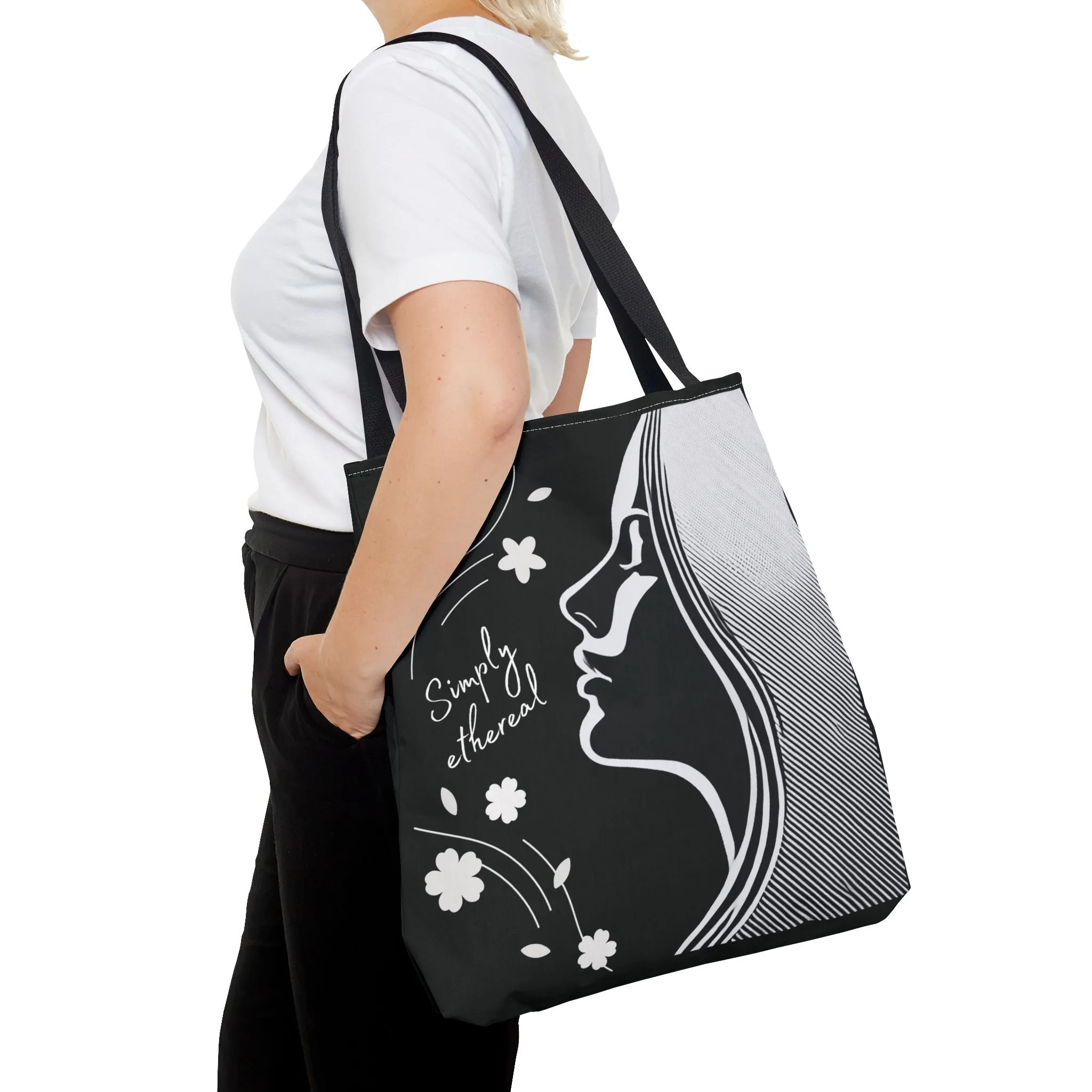 Simply Ethereal Black Tote Bag - Elegant Floral & Woman’s Silhouette, Artistic Aesthetic Canvas Bag for Work, Shopping, Casual Outings & Everyday Use