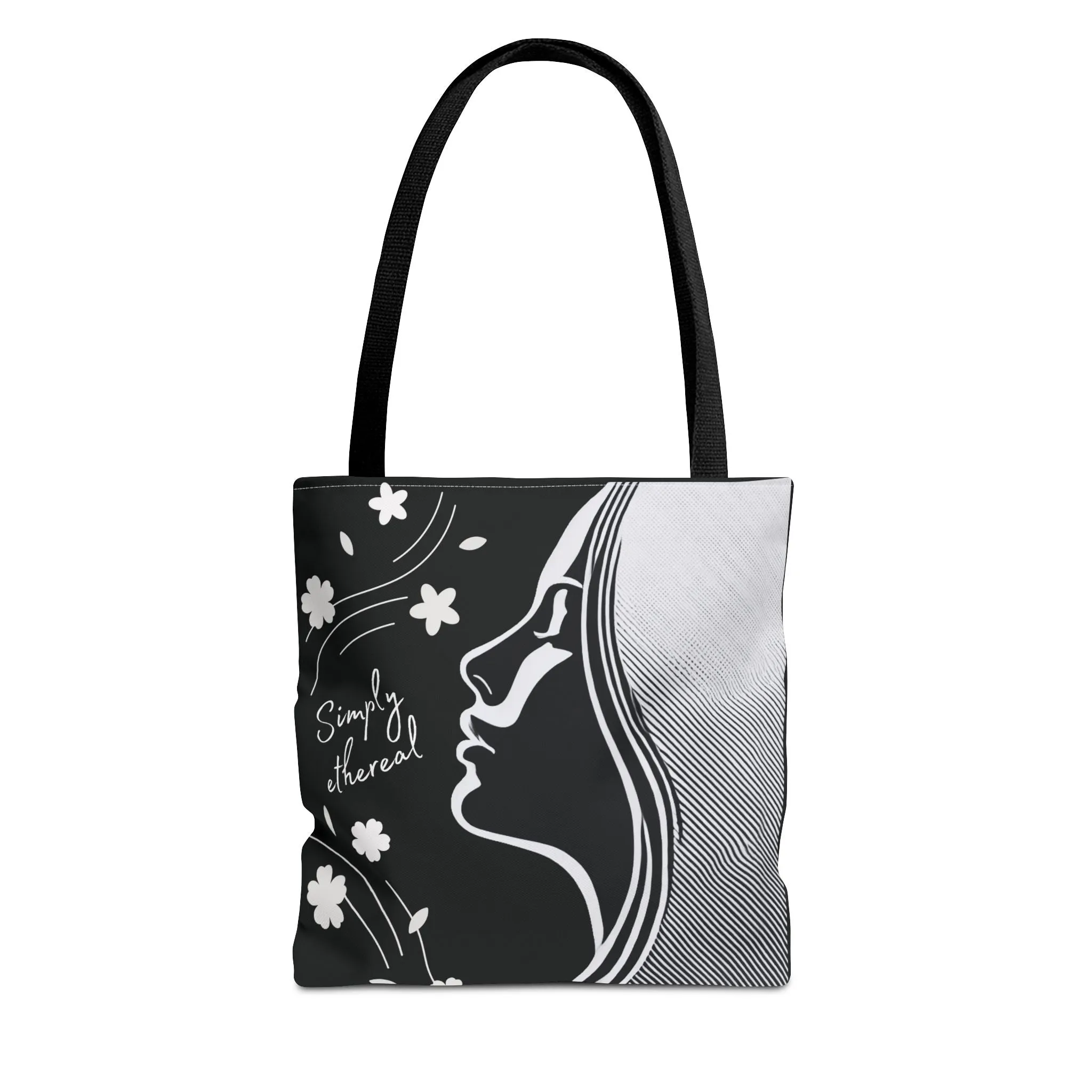 Simply Ethereal Black Tote Bag - Elegant Floral & Woman’s Silhouette, Artistic Aesthetic Canvas Bag for Work, Shopping, Casual Outings & Everyday Use