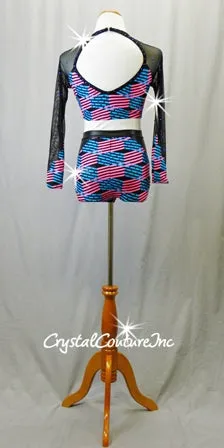 Teal Blue and Pink  Top/Trunks with Sheer Mesh & Pleather Rhinestones