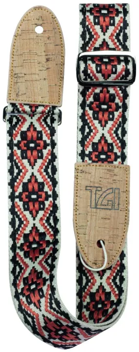 TGI Guitar Strap Woven Cotton. Vegan Fittings. Red Patterned