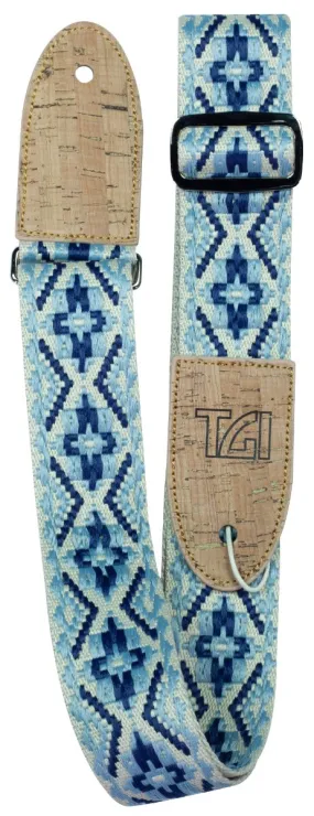 TGI Guitar Strap Woven Cotton. Vegan Fittings. Royal Blue Patterned